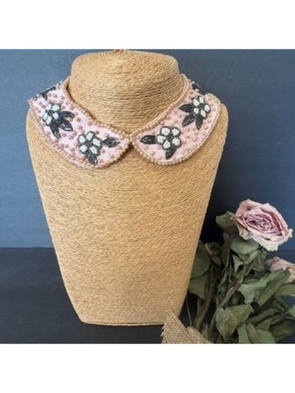 1950s Beaded Pink Floral Peter Pan Collar With Seed Beads Pearls Delicate Japan